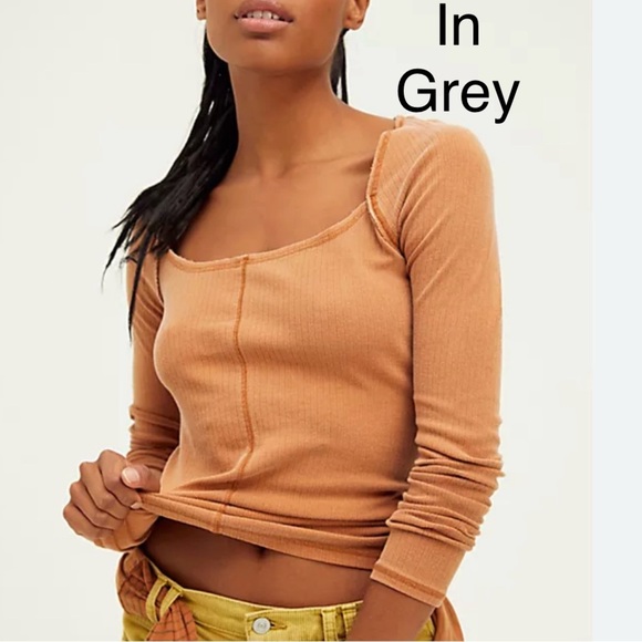 Free People Tops - Free people Angie ribbed square neck shirt raw edges long sleeves grey sz medium